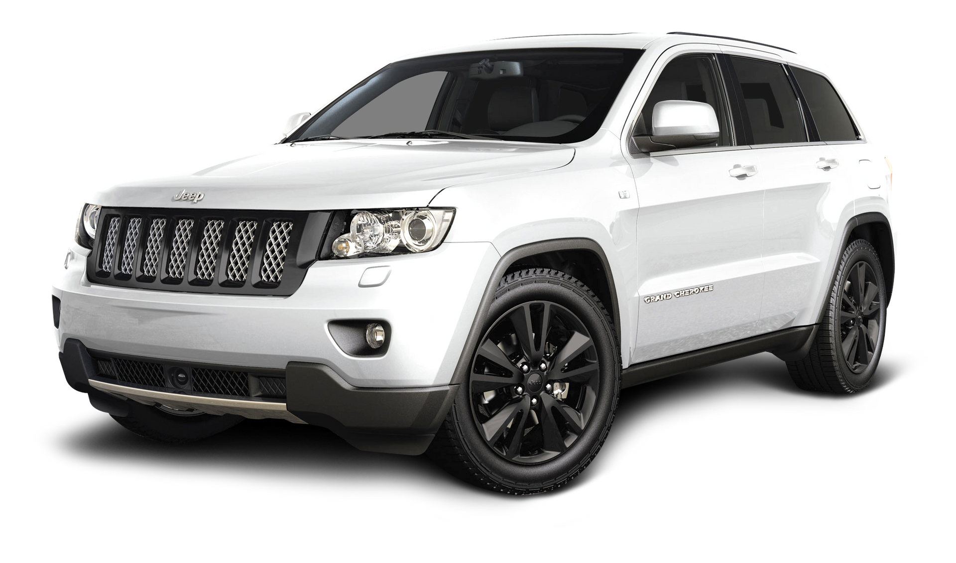 A white jeep grand cherokee with black wheels on a white background.