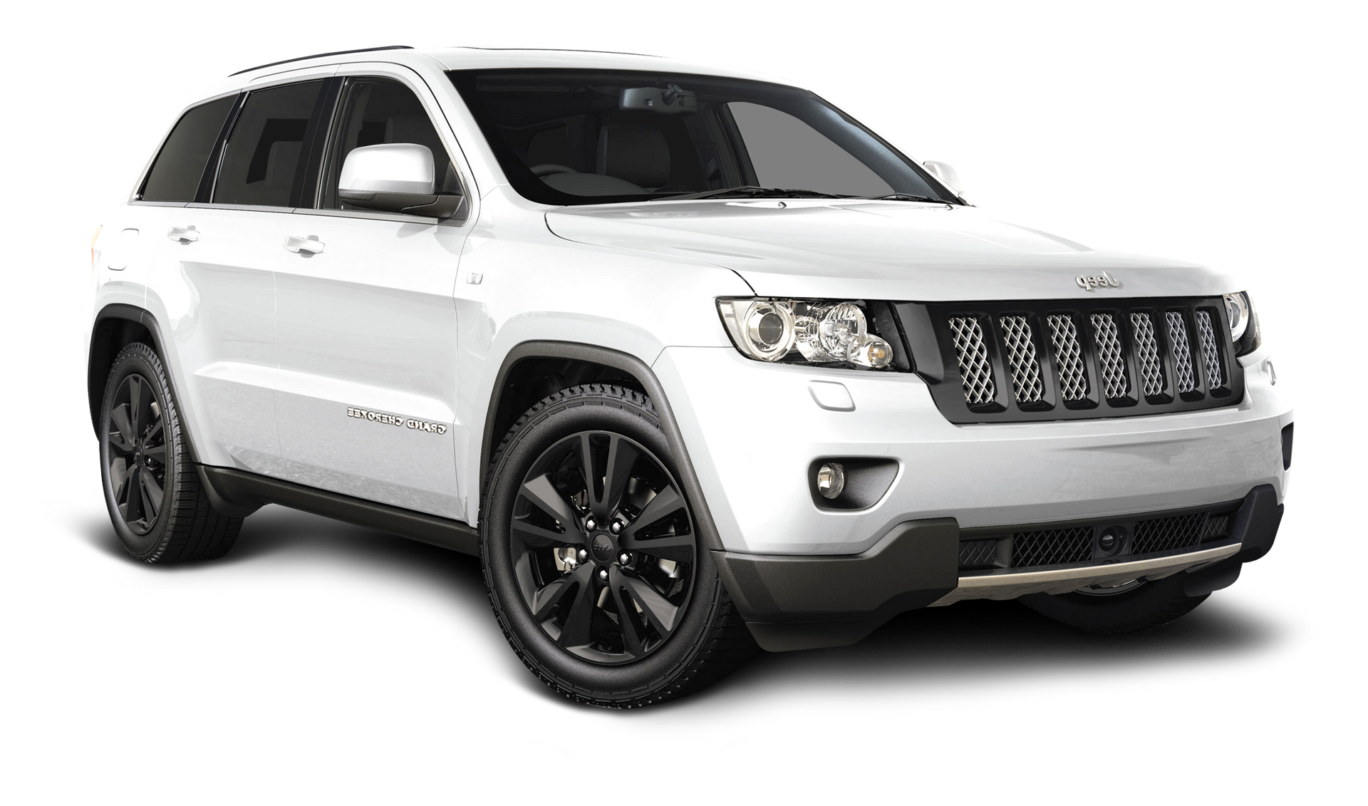 A white jeep grand cherokee with black wheels on a white background.