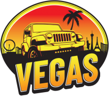 A logo for vegas with a jeep and palm trees