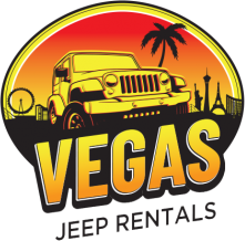 A logo for vegas jeep rentals with a jeep and palm trees