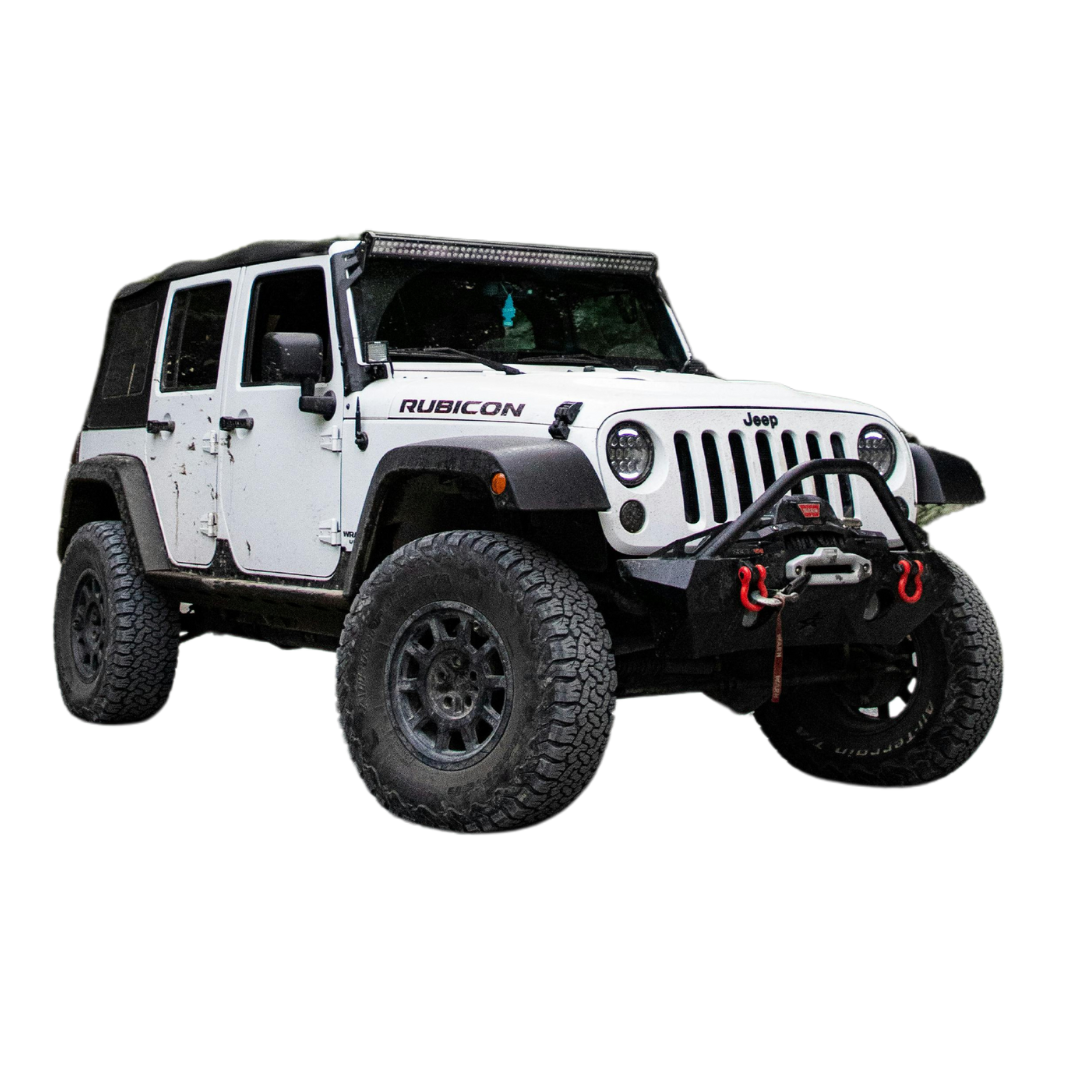 A white jeep with black wheels and tires on a white background.