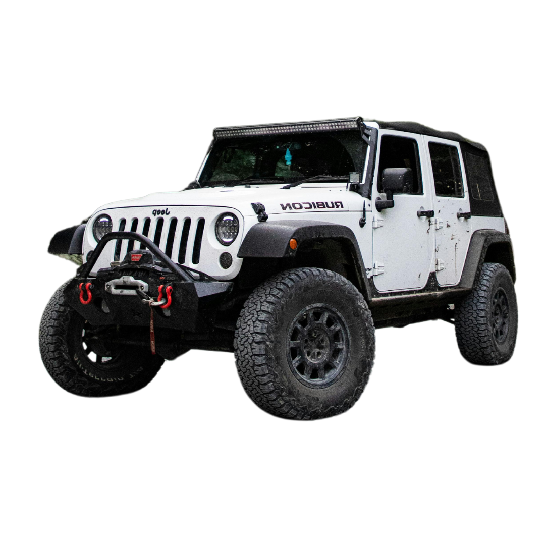 A white jeep with a black bumper on a white background.