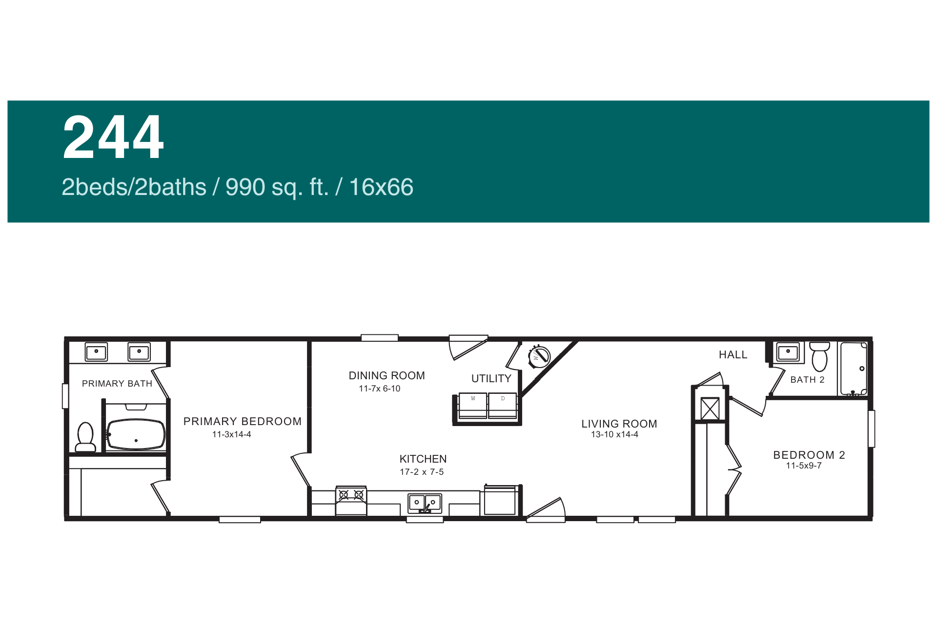 Floor plan of a 2-bedroom, 2-bathroom home: 950 sq ft., layout with kitchen, living room, and bedrooms.