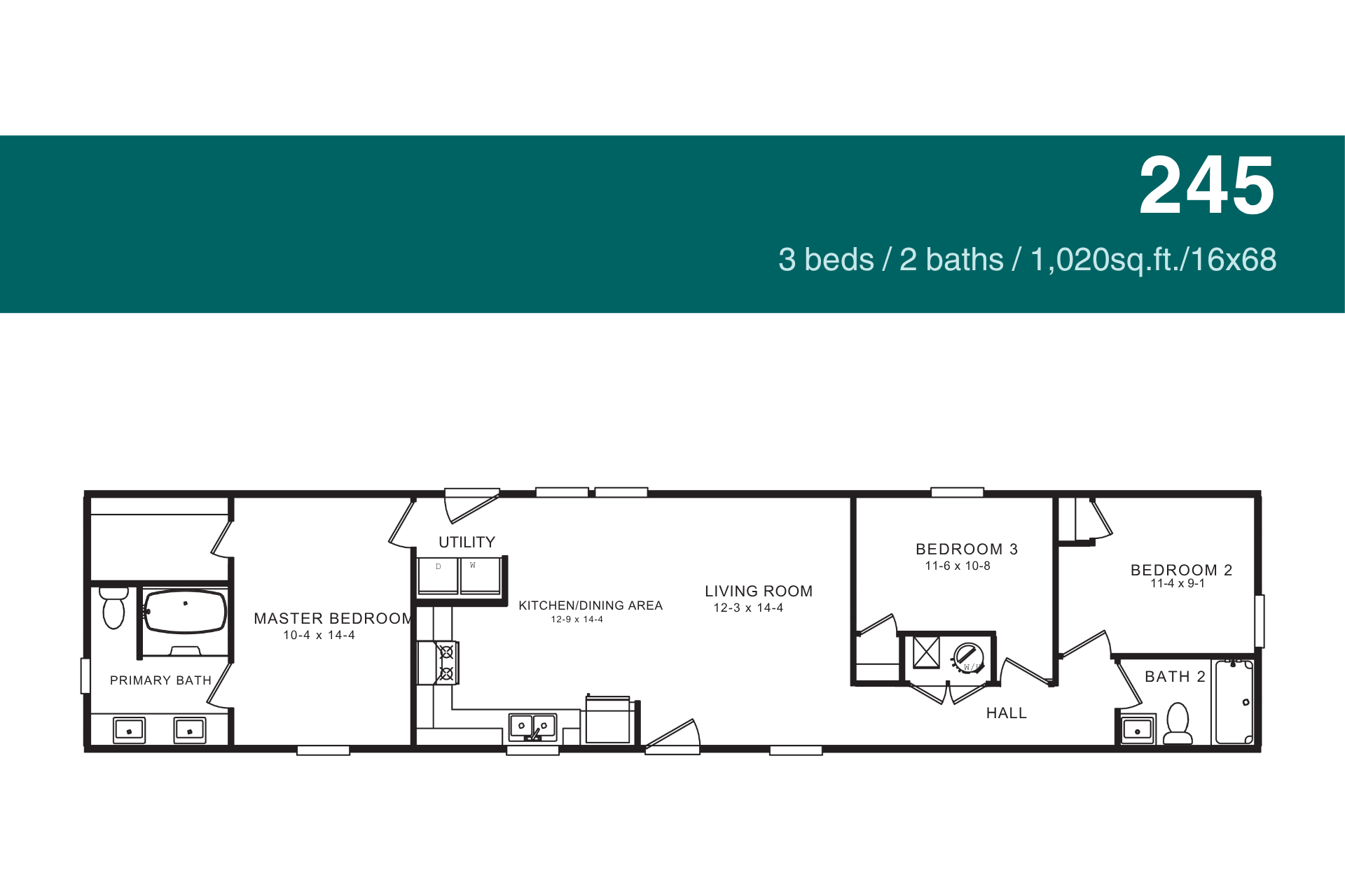 Floor plan of a 3-bedroom, 2-bathroom, 1,020 sq. ft. home; layout details rooms with dimensions.