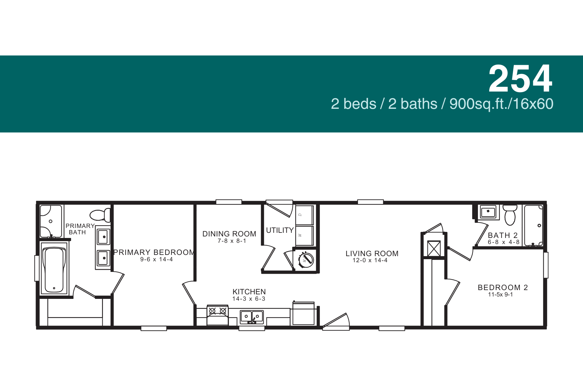 Floor plan of a 2-bedroom, 2-bath mobile home, labeled 