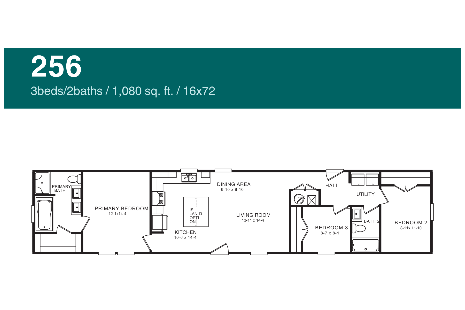 Floor plan of a 2-bedroom, 2-bath manufactured home. Includes labeled rooms, dimensions, and layout details.