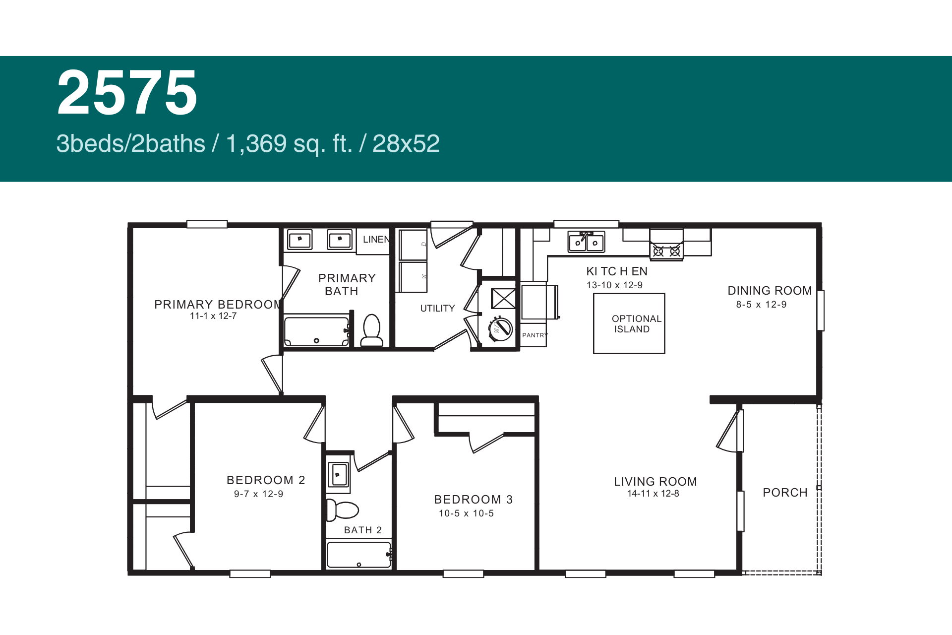 Floor plan of a 3-bedroom, 2-bathroom house with 1,368 sq ft, showing layout of rooms. model 2575