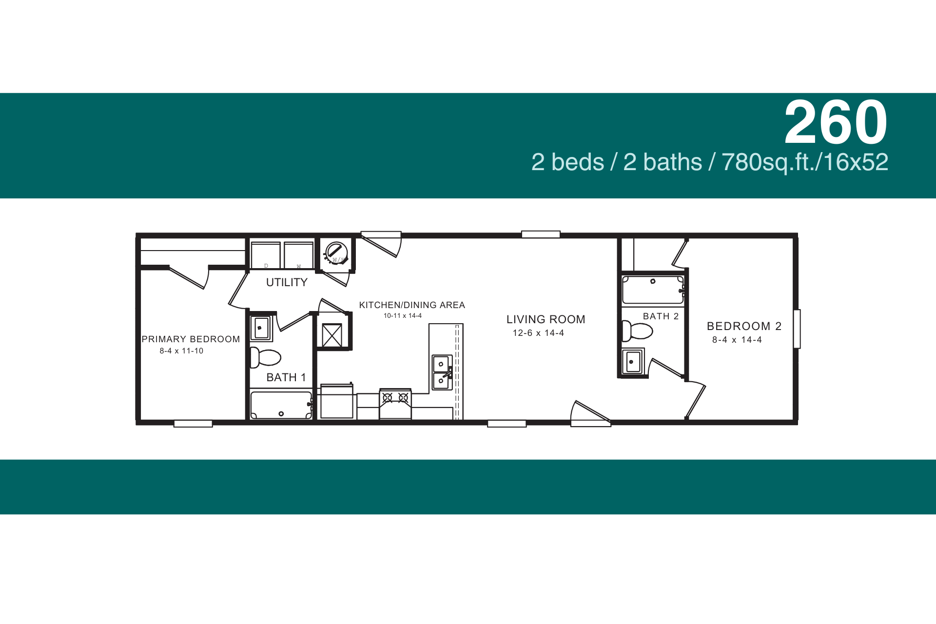 Floor plan of a 2-bedroom, 2-bathroom, 700 sq ft home with a living room, kitchen, and two bedrooms.