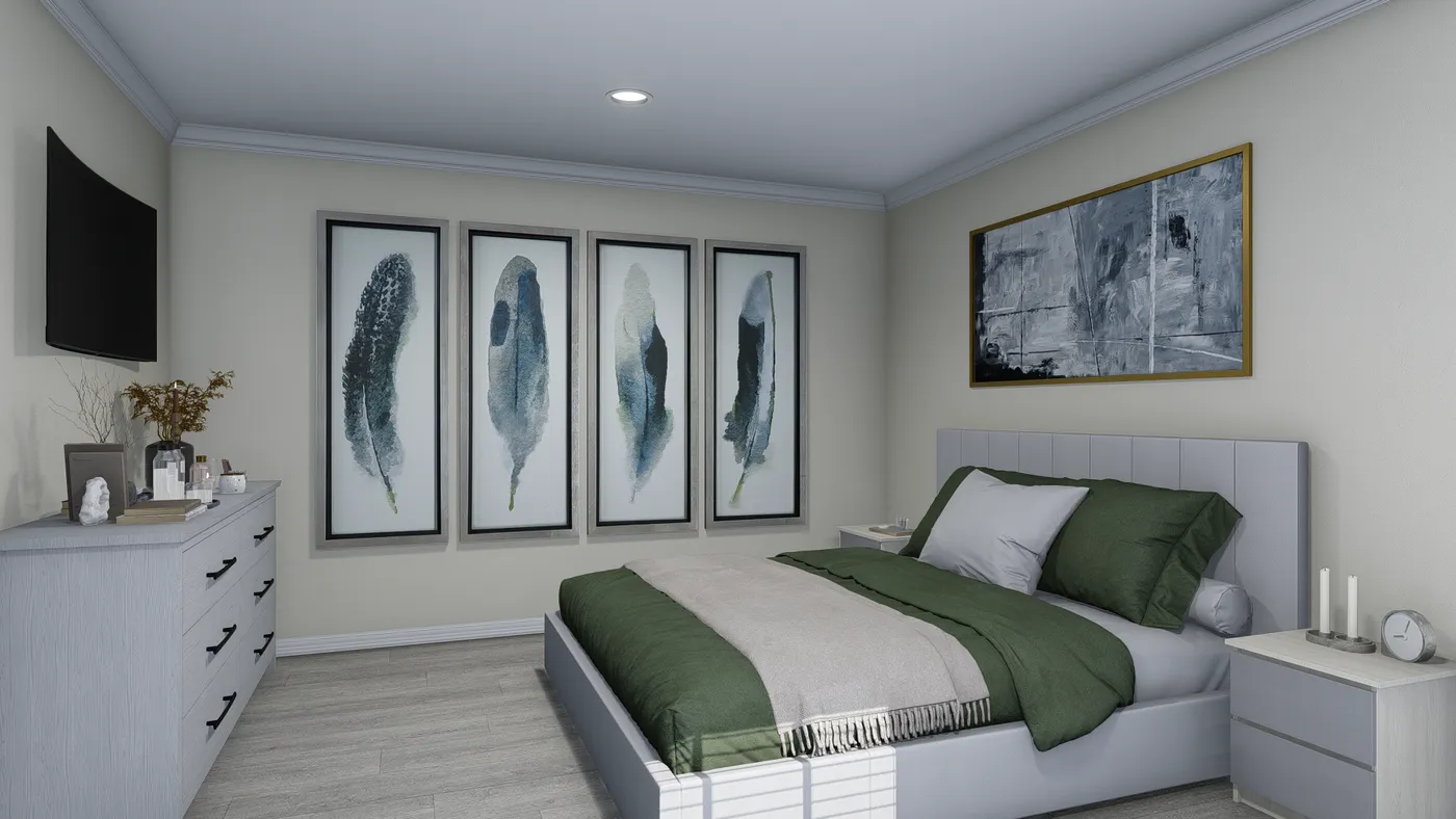 Bedroom with a bed, dresser, wall art, and TV. Green and gray color scheme.