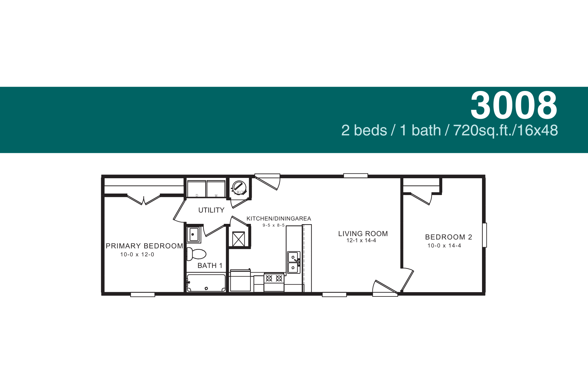 Floor plan of a 2-bedroom, 1-bath home, labeled 3008, with dimensions of 720 sq. ft. and 16x48 ft.
