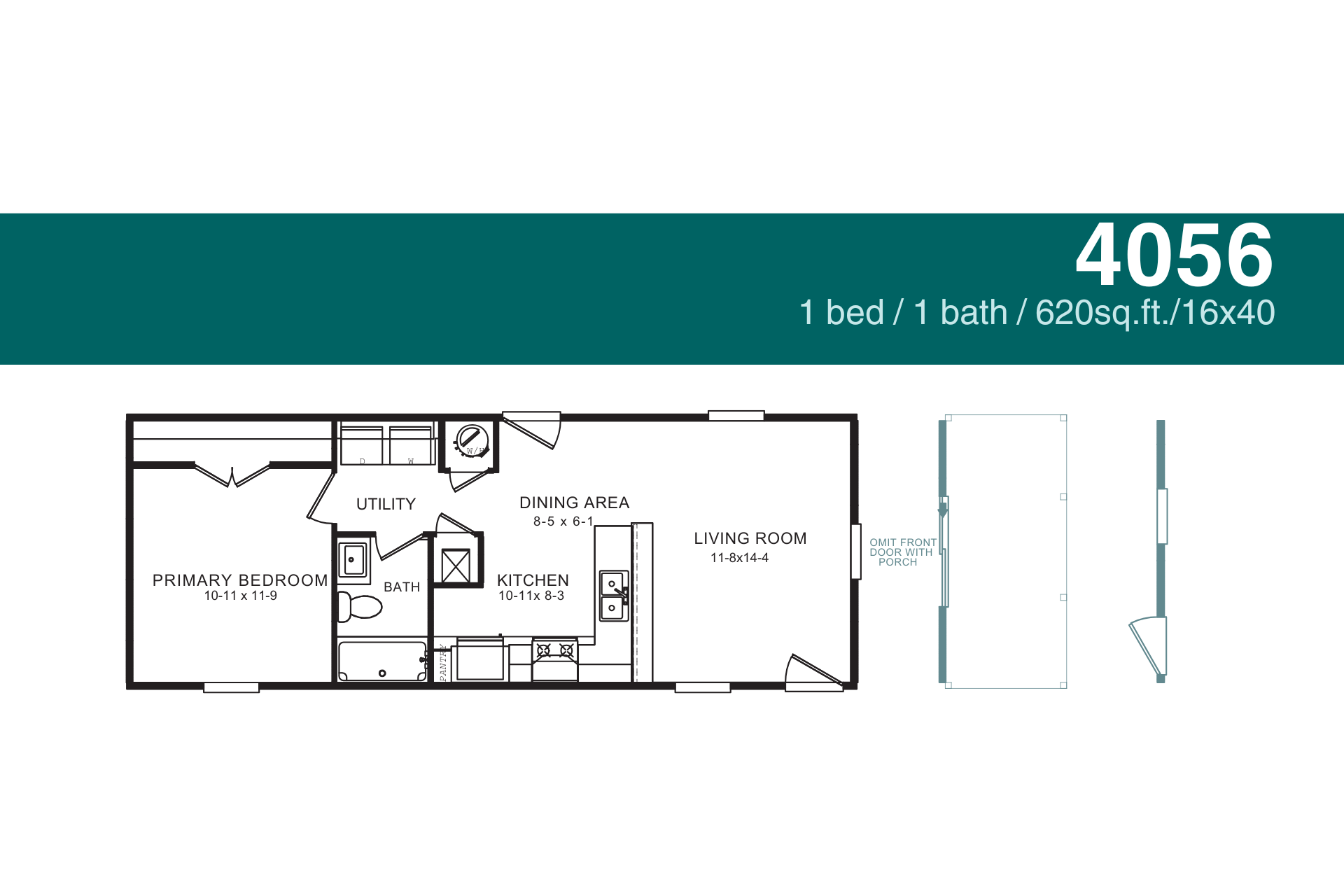 Floor plan of a 1-bedroom, 1-bath home, labeled 4056. Includes dimensions and layout of rooms.