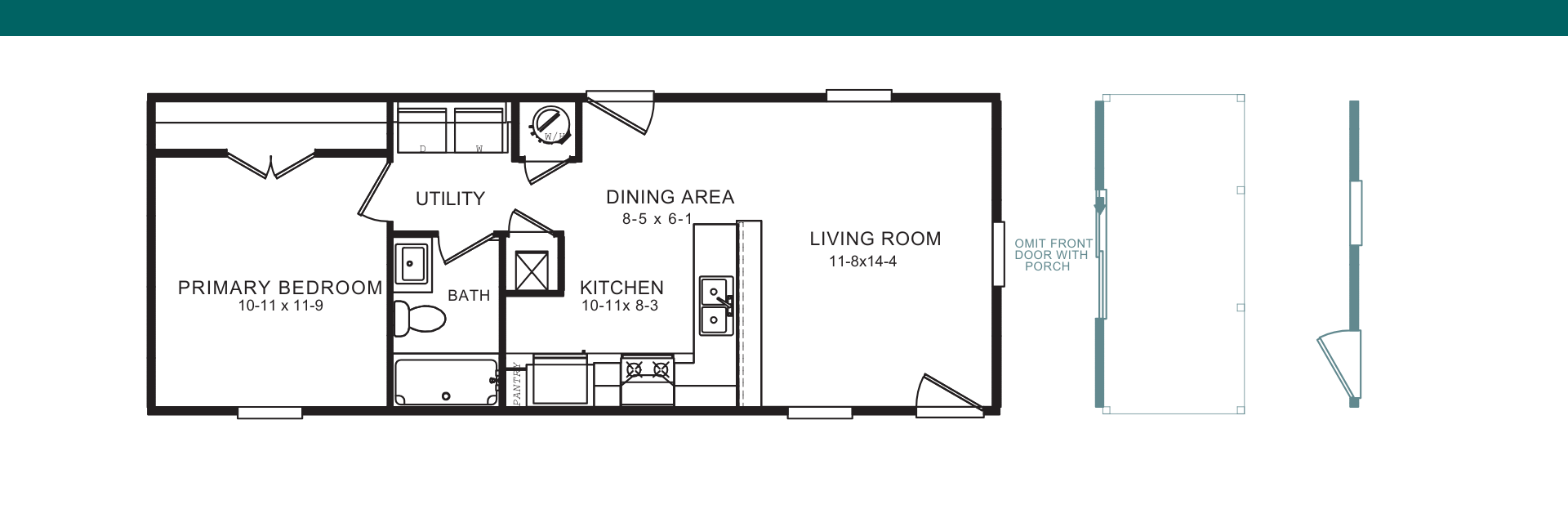 Floor plan of a rectangular structure. The layout includes a living room, bathroom, kitchen and bedroom.