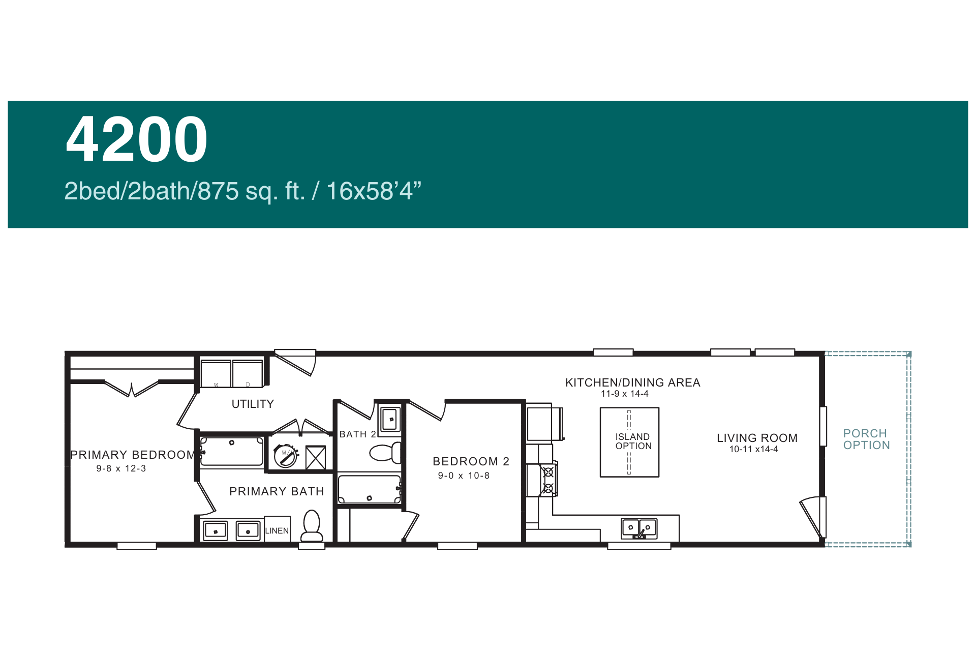 Floor plan of a 2-bedroom, 2-bath manufactured home, labeled 