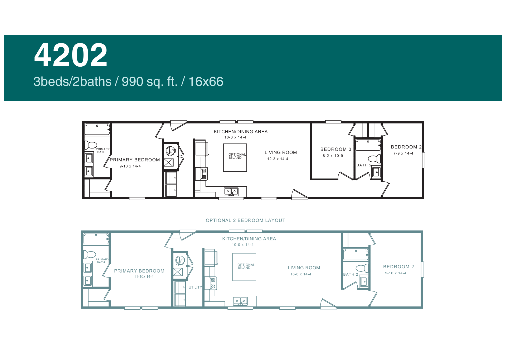 Floor plan of a 3-bedroom, 2-bathroom, 950 sq ft home (16x65), in black and light blue. 4202 model