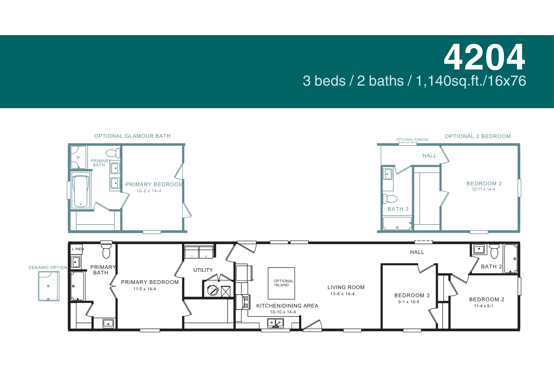 Floor plan of a 3-bedroom, 2-bath manufactured home. Includes layout with room dimensions.