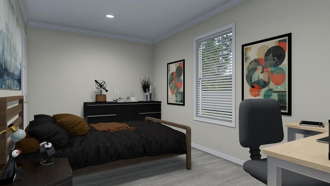 Bedroom with a bed, desk, artwork, and a window with blinds.