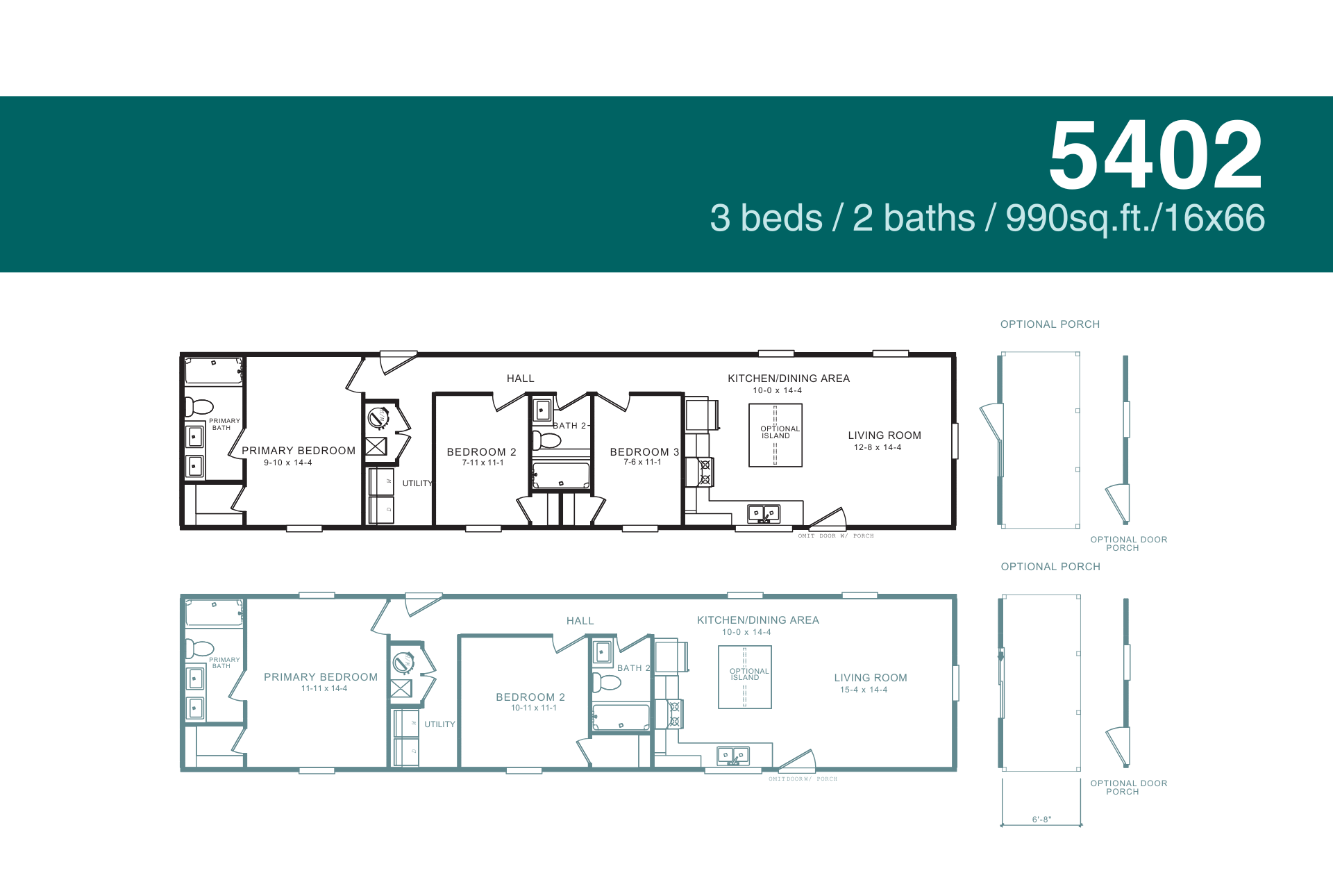 Floor plan of a house with 3 beds, 2 baths, and 990 sq ft. The layout shows the rooms' arrangement.