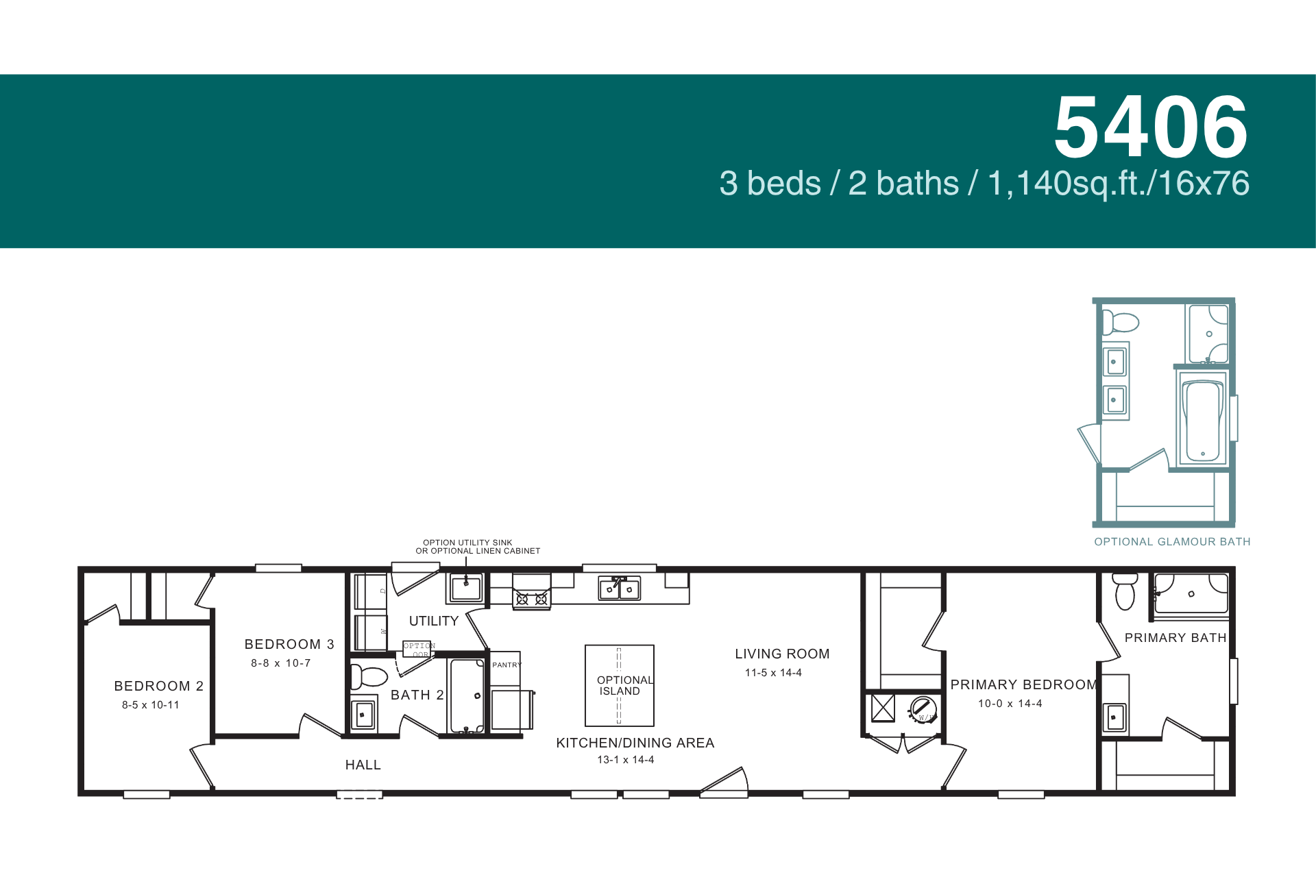 Floor plan: 3-bedroom, 2-bath mobile home with dimensions and square footage labeled. 5406 model. 