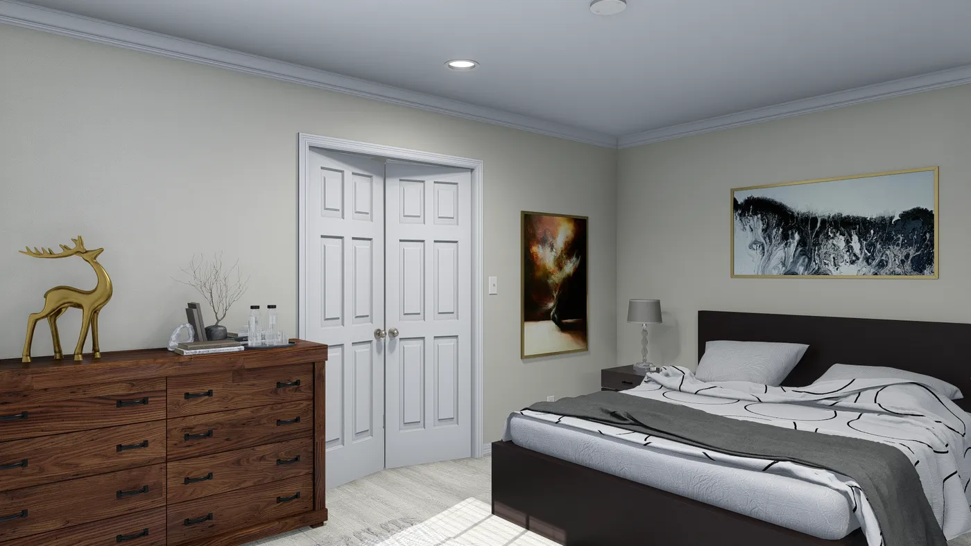 Bedroom with a dark bed, wooden dresser, double doors, and abstract art. Neutral color scheme.