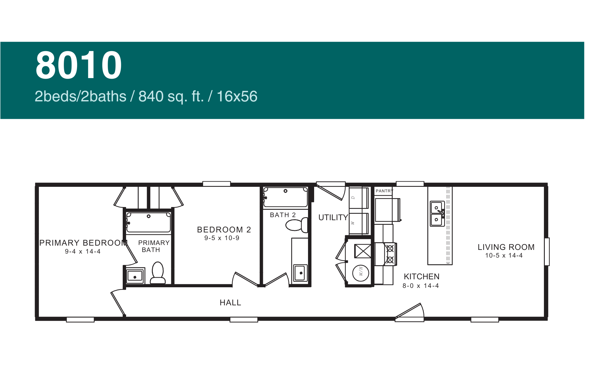 Floor plan of a 2-bedroom, 2-bath mobile home labeled 