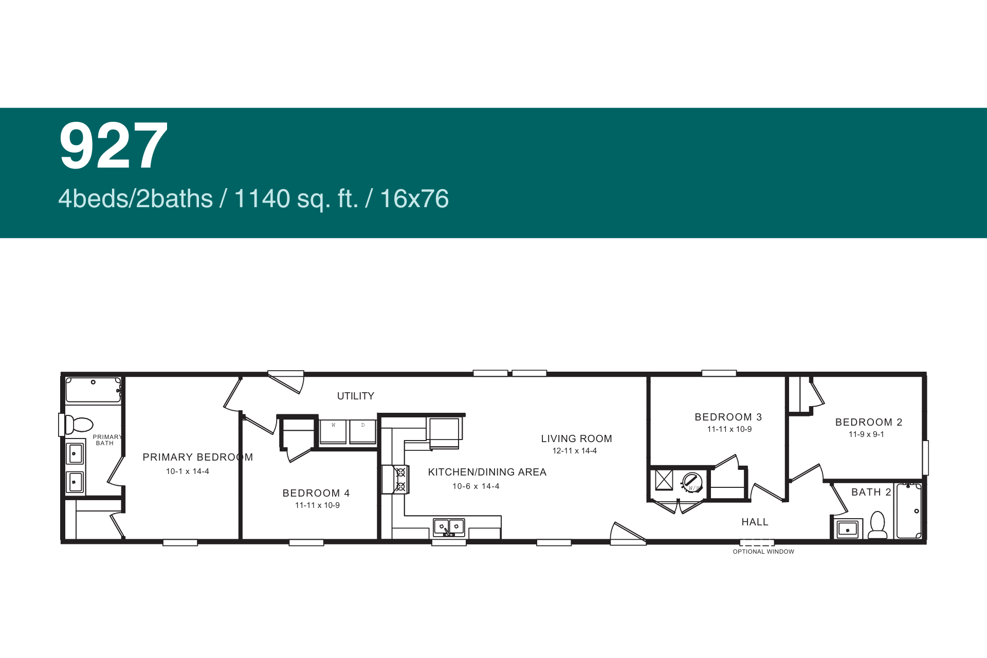 Floor plan: 4-bedroom, 2-bath mobile home, 1140 sq ft., featuring kitchen, living room, and bedrooms.