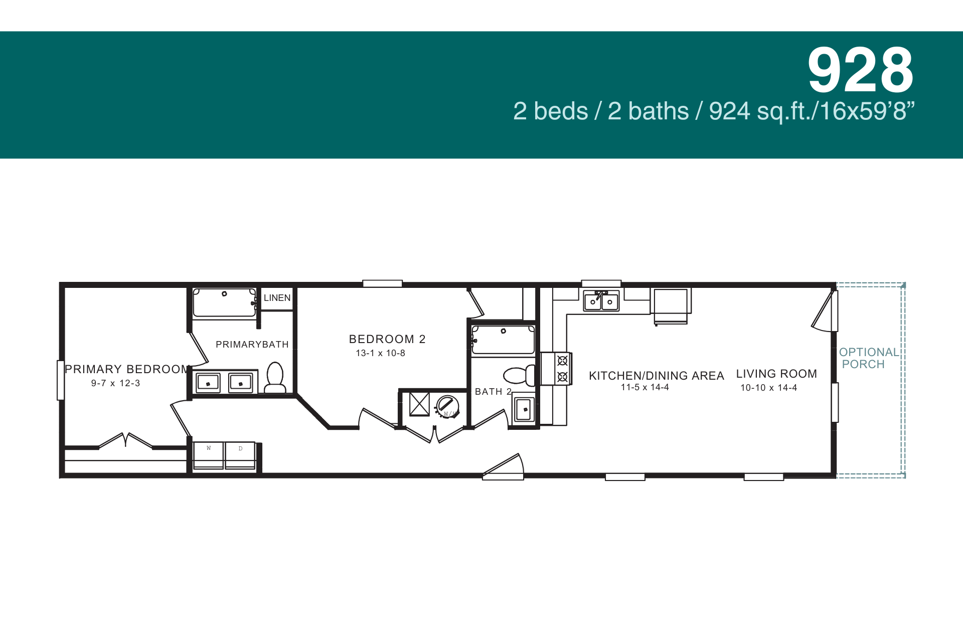 Floor plan for a 924 sq ft mobile home with two bedrooms and baths. 928 model