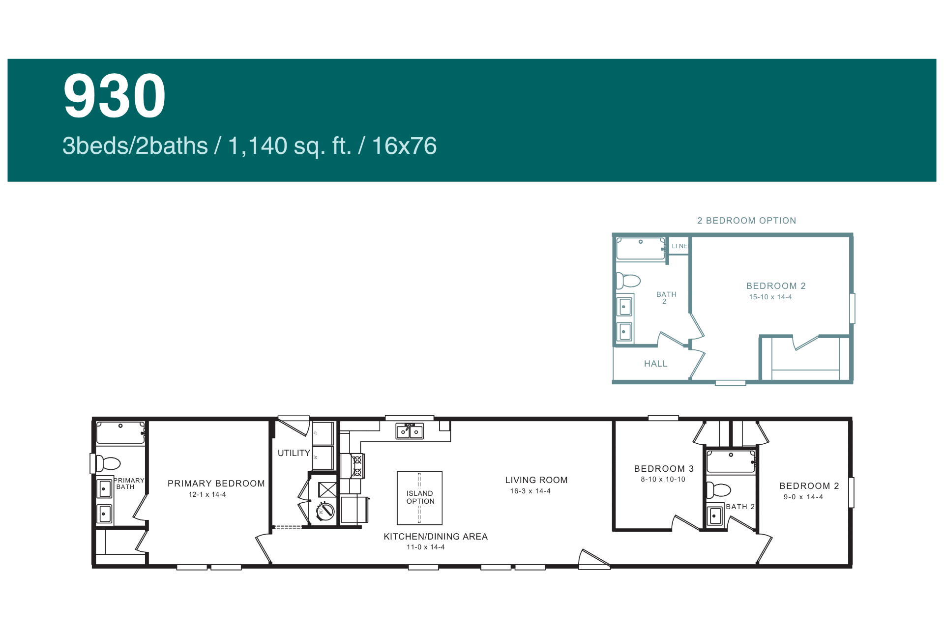 Floor plan of a 3-bedroom, 2-bath mobile home, labeled 