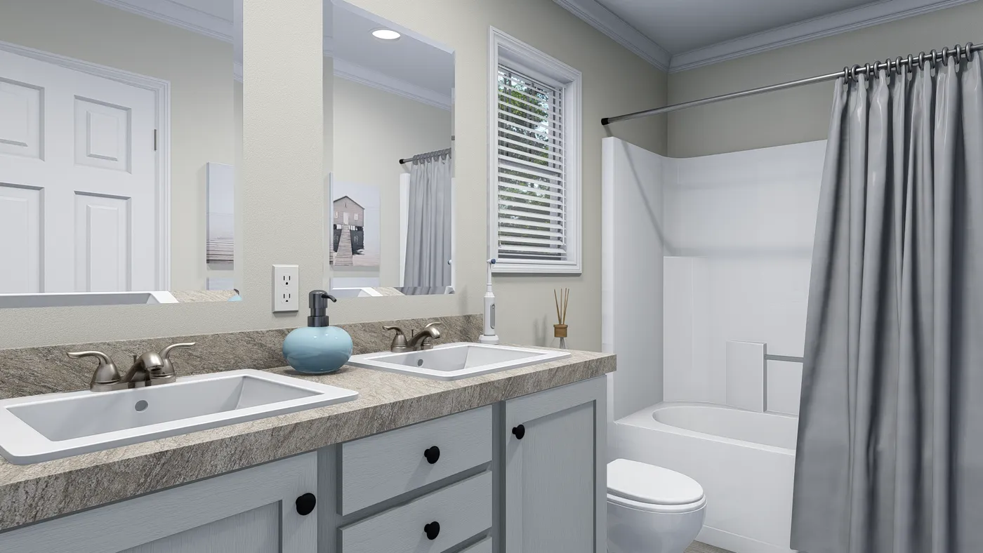 Bathroom with double sinks, tub/shower, and a window with blinds. Light gray and white decor.