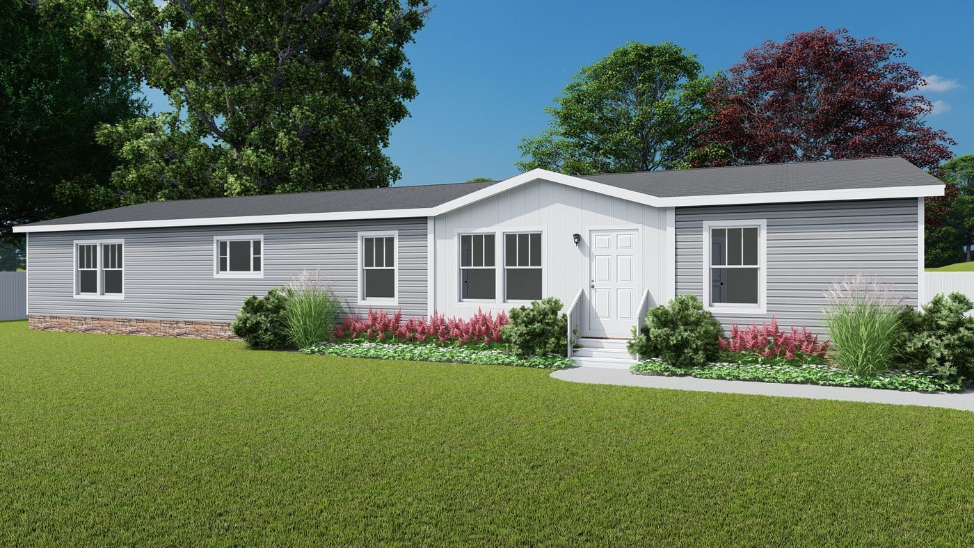 Single-story gray-sided house with white trim, front door, and windows on a green lawn with landscaping.