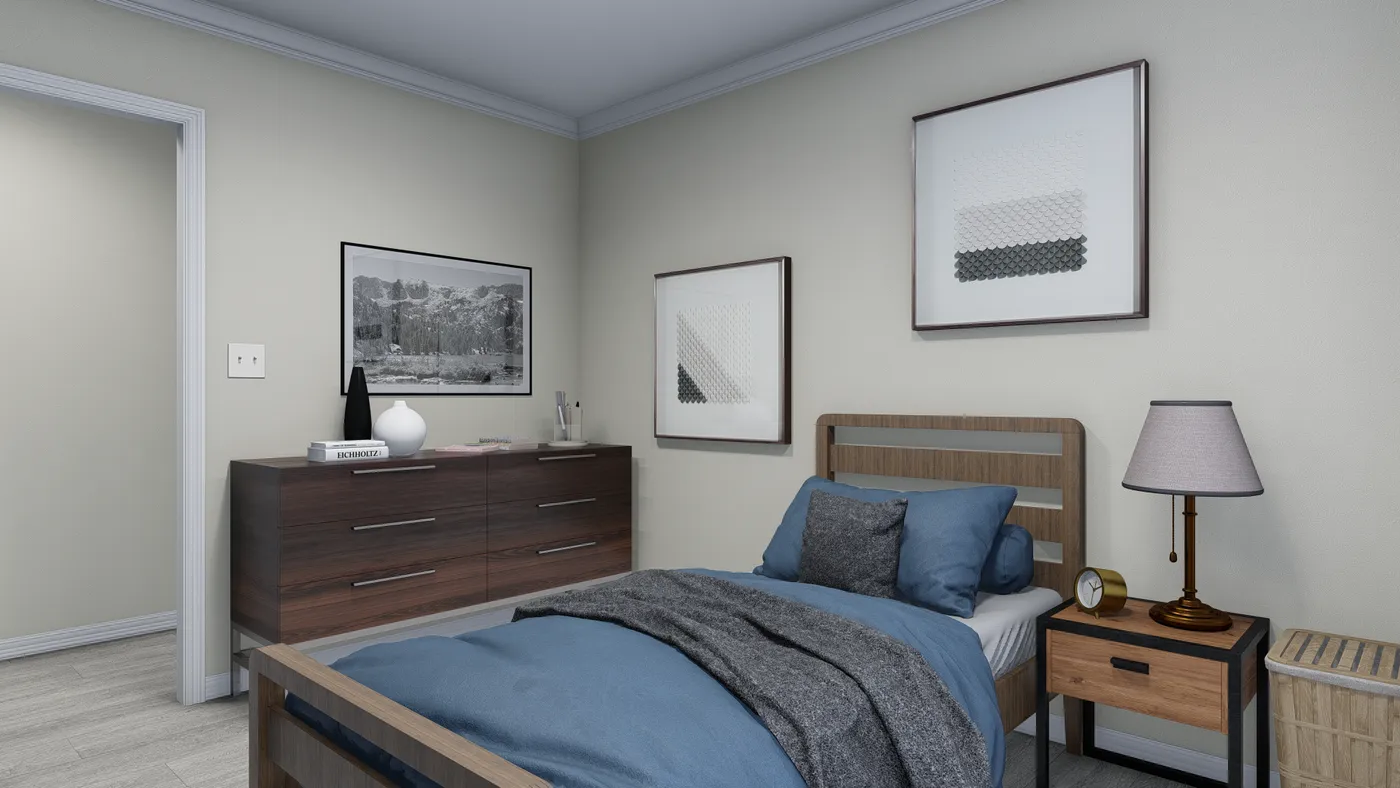 Bedroom with wooden bed, nightstand, dresser, artwork, and blue bedding. Light walls and flooring.
