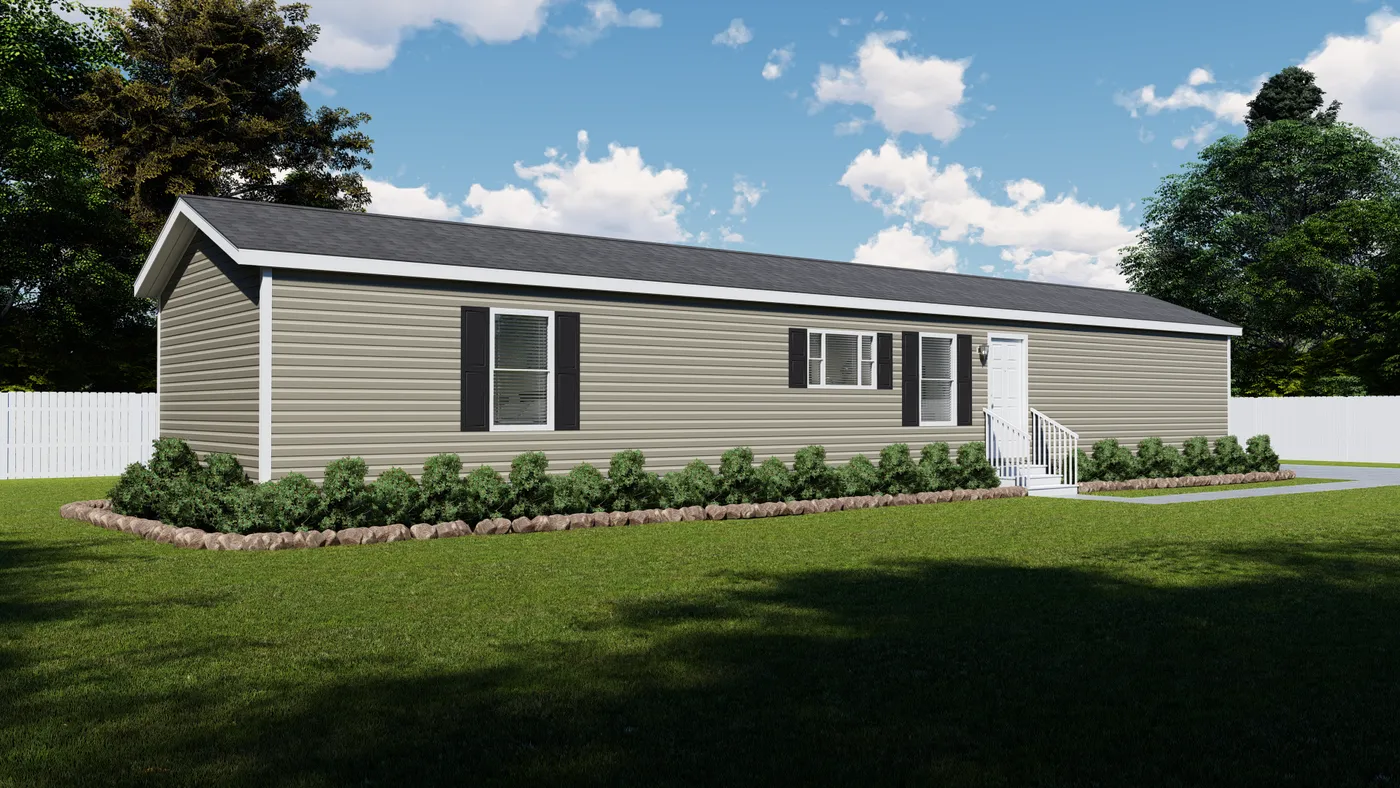 A light-colored, single-story house with black shutters, white trim, and a small front porch, on a green lawn.