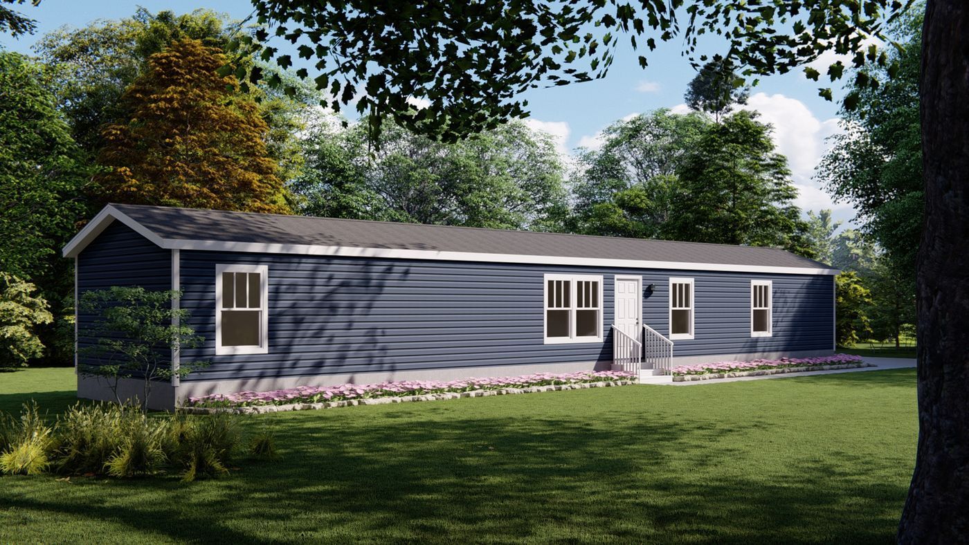 Blue-sided single-story house with white trim, set on a grassy lawn with trees in the background.