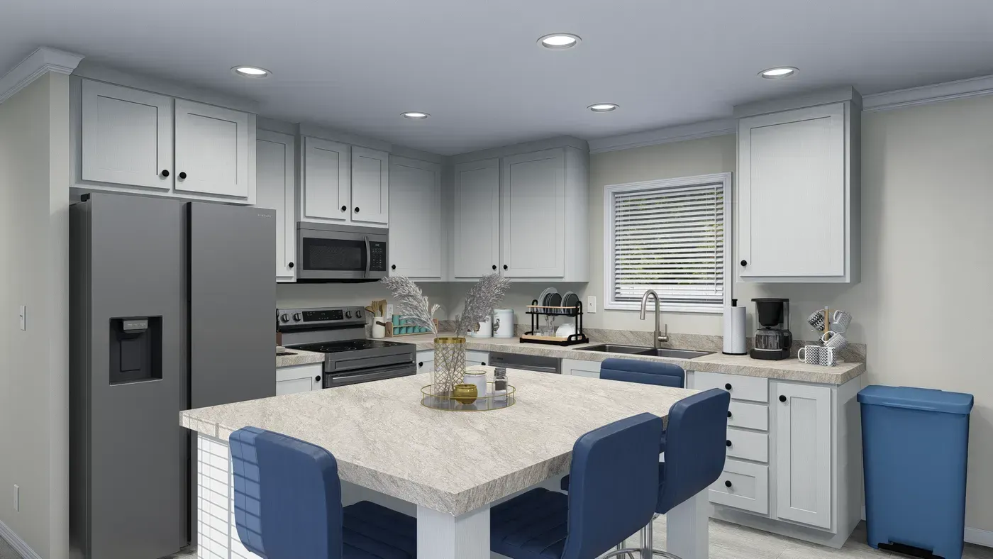 A modern kitchen with white cabinets, stainless steel appliances, and a central island with blue chairs.