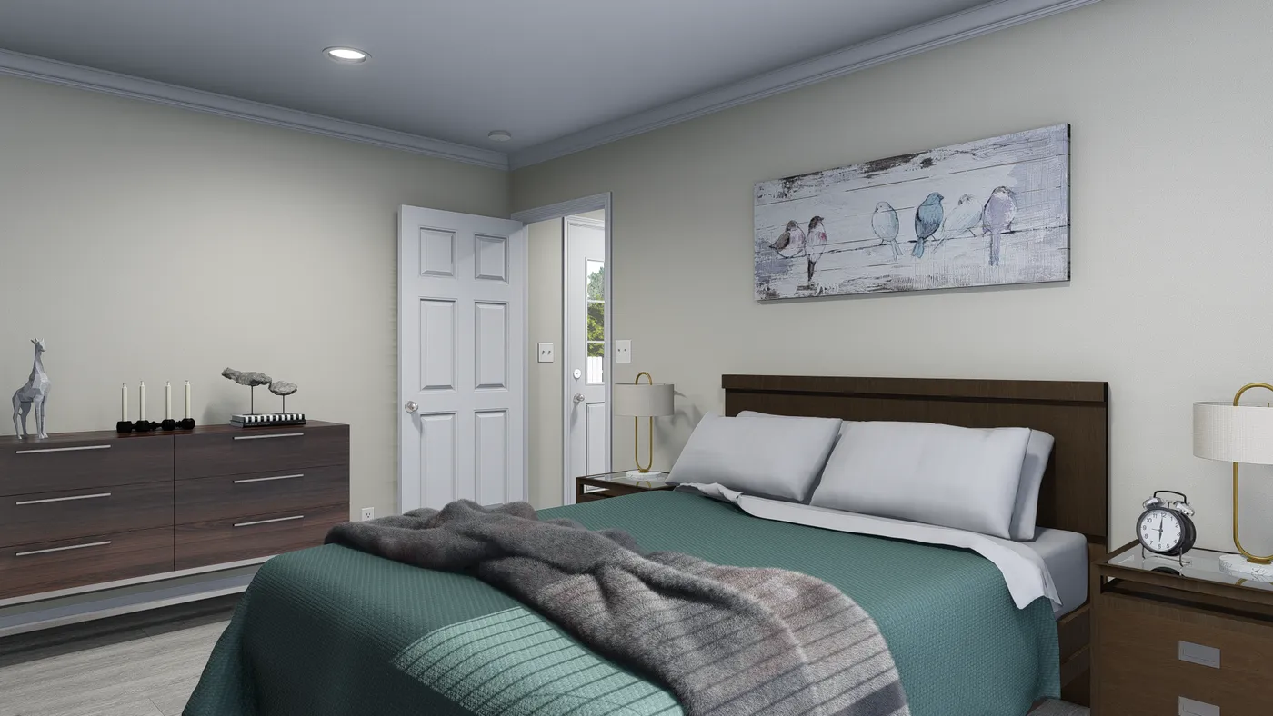 Bedroom with a bed, dresser, nightstand, artwork, and an open door to another room.