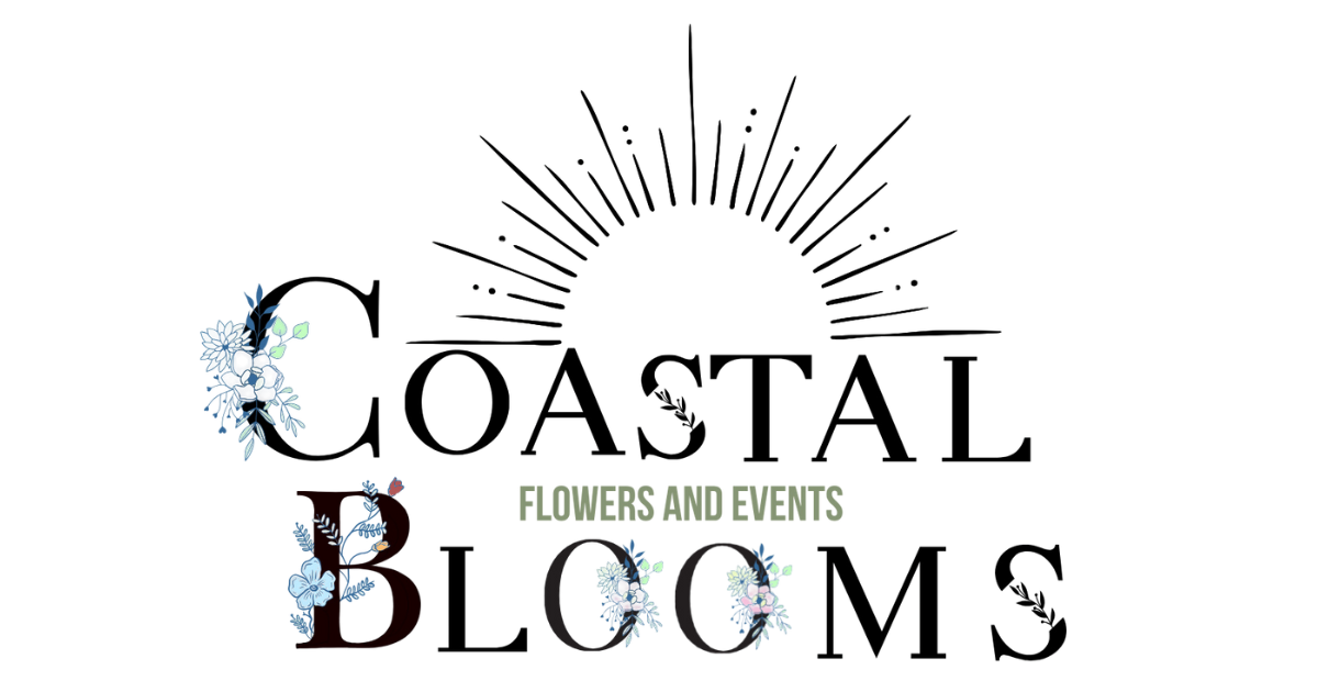 Logo for Coastal Blooms flowers and events with floral accents and sunburst graphic.