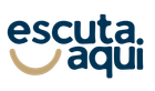 Logotipo com a inscrição “escuta aqui” em azul escuro e um sublinhado bege em forma de sorriso sobre fundo branco.