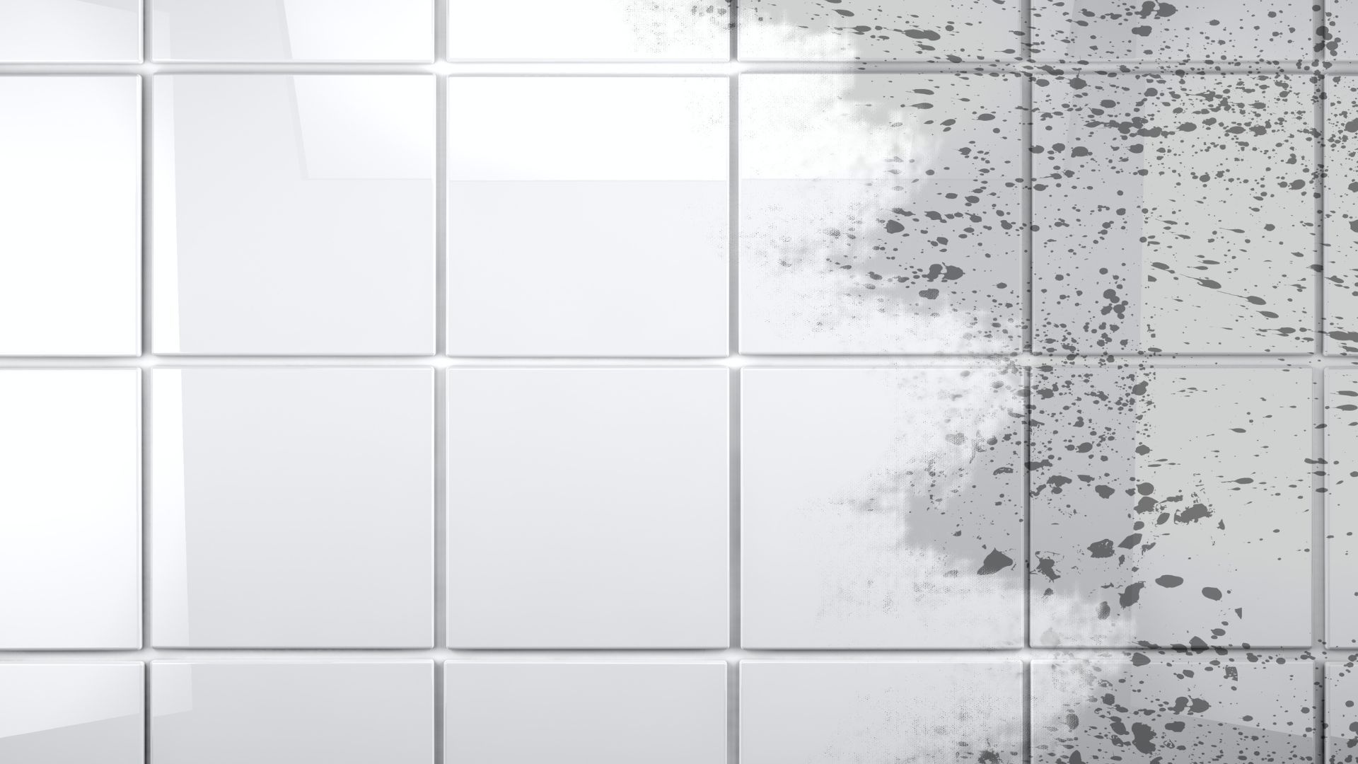 White tiled wall, clean on the left, stained and dirty on the right.