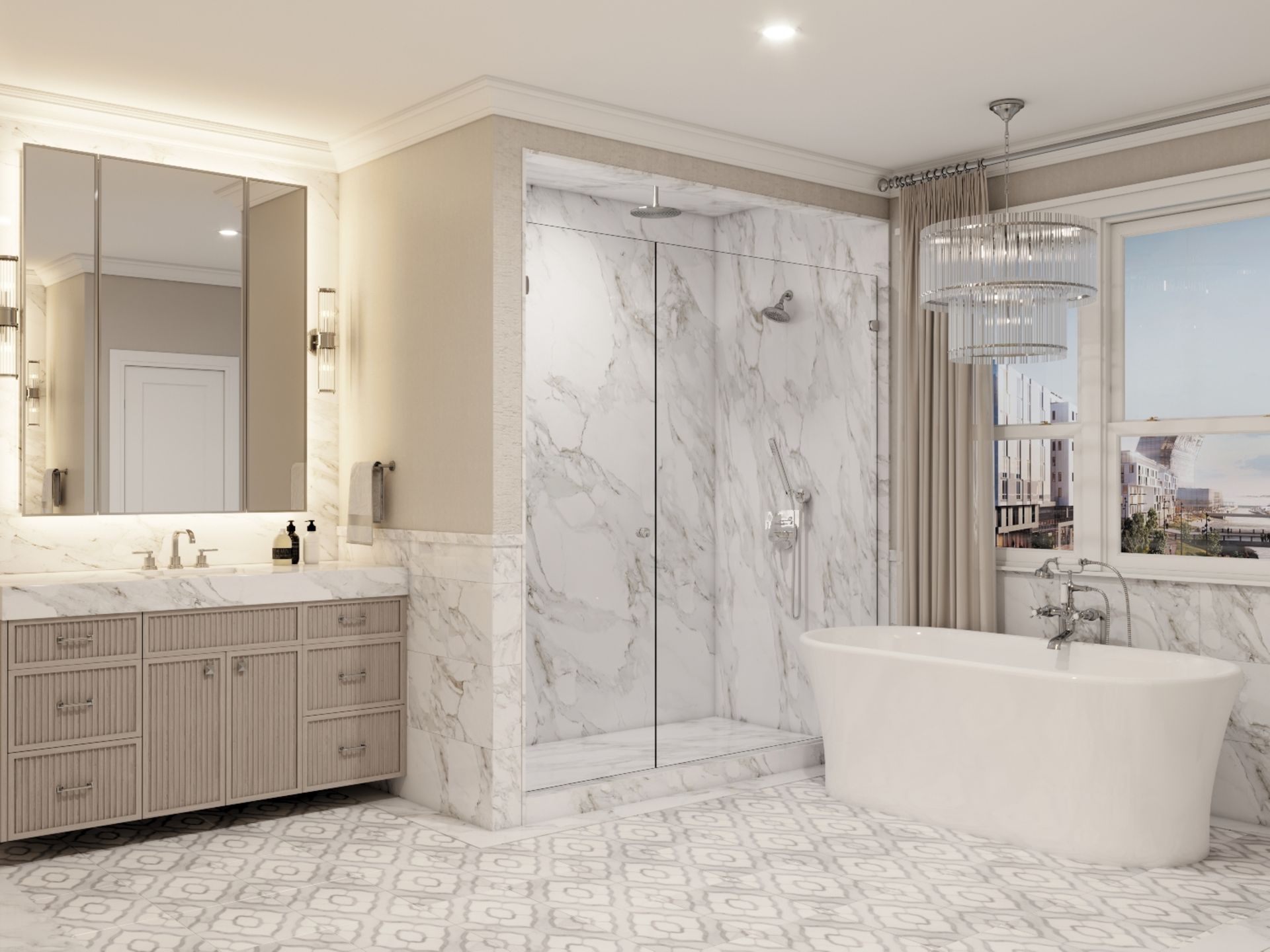 Luxurious bathroom with marble shower, freestanding tub, wooden vanity, and large window.