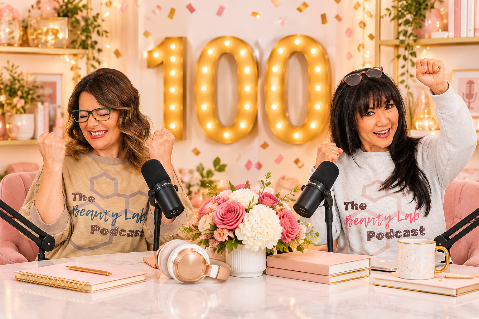 Velia and Monina celebrating the 100th episode of The Beauty Lab podcast