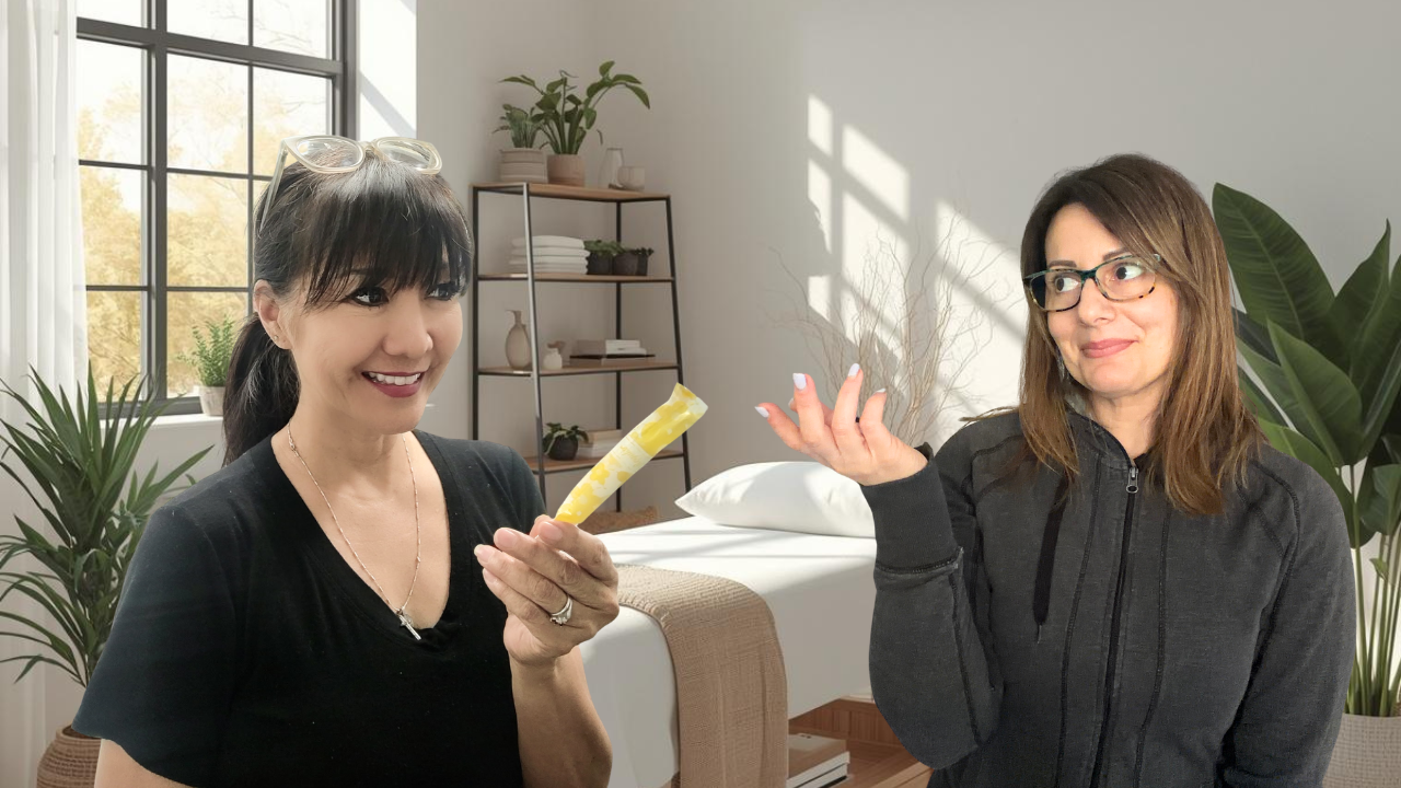 Monina handing a tampon to Velia in an esthetician room