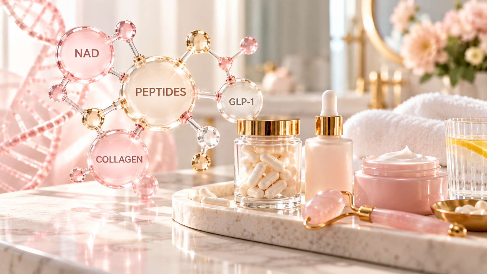 Esthetician and wellness coach discussing peptides for skin, NAD, and collagen