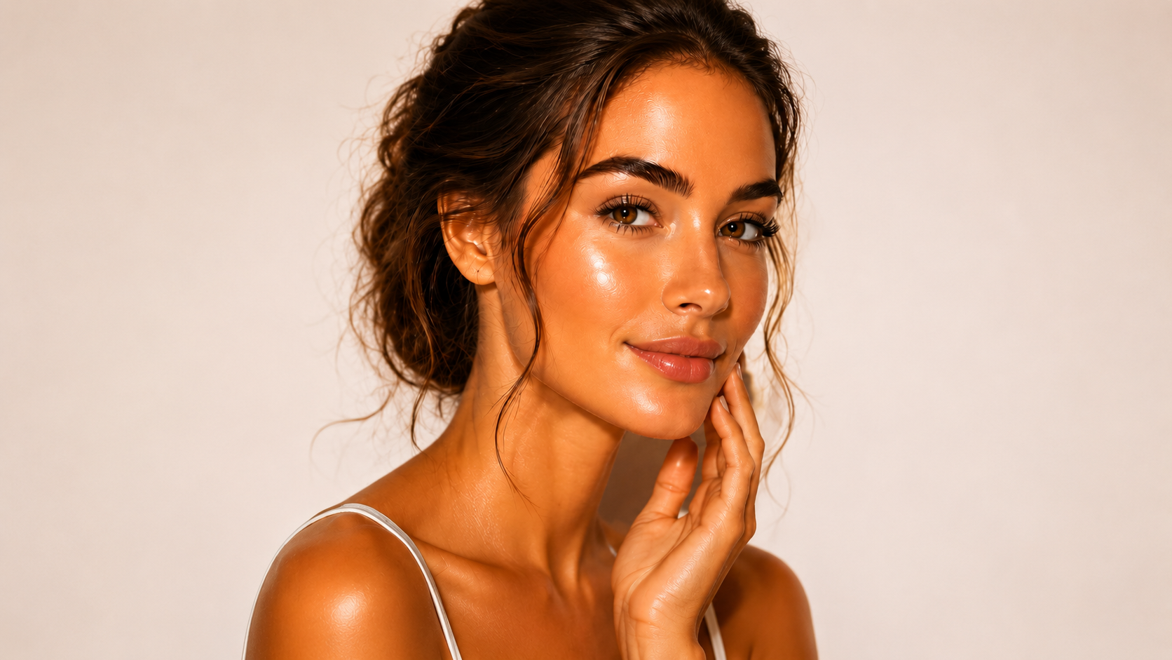 a 30+ women with her hair up messy and she has the most glowy skin.