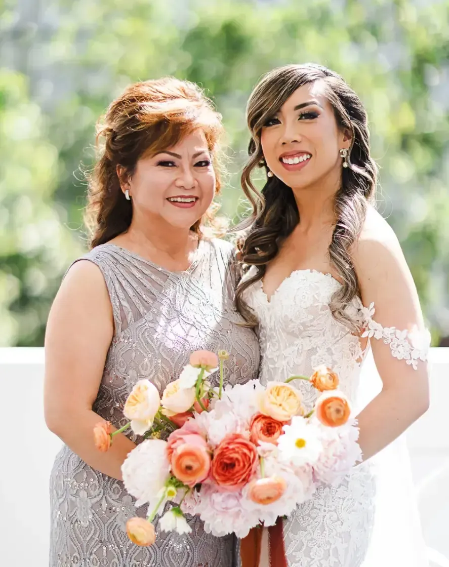 Bride and mother with polished hair and timeless makeup