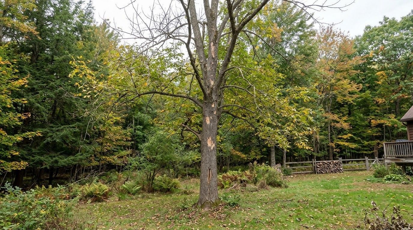 Autumn backyard with a leaf-covered lawn, central tree, and dense green-yellow foliage.