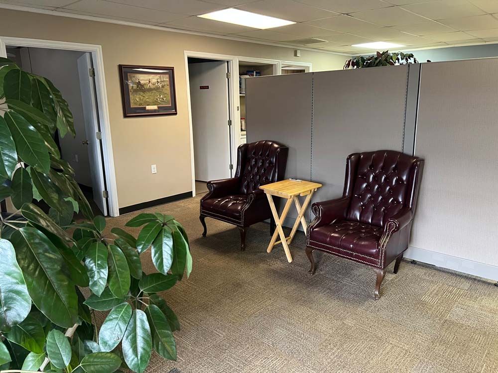 Office waiting area with two brown chairs, small wooden table, and potted plant beside gray partition walls