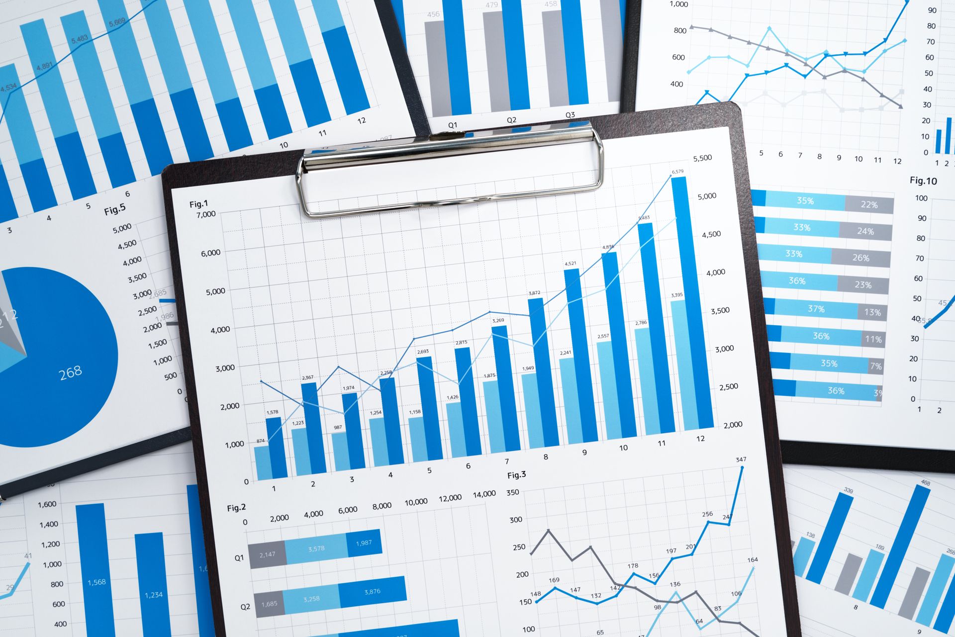 Blue bar and line charts on a tablet screen, with analytics graphs in the background