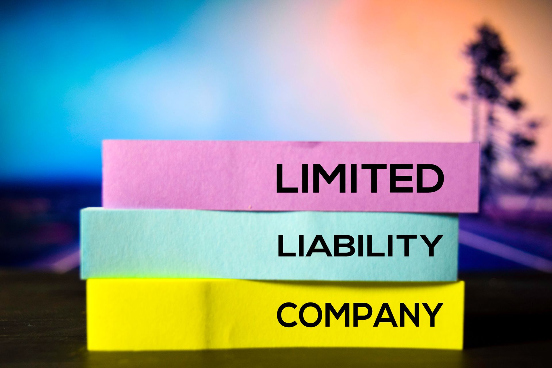 Three stacked blocks labeled LIMITED, LIABILITY, COMPANY in pink, blue, and yellow against a blurred background