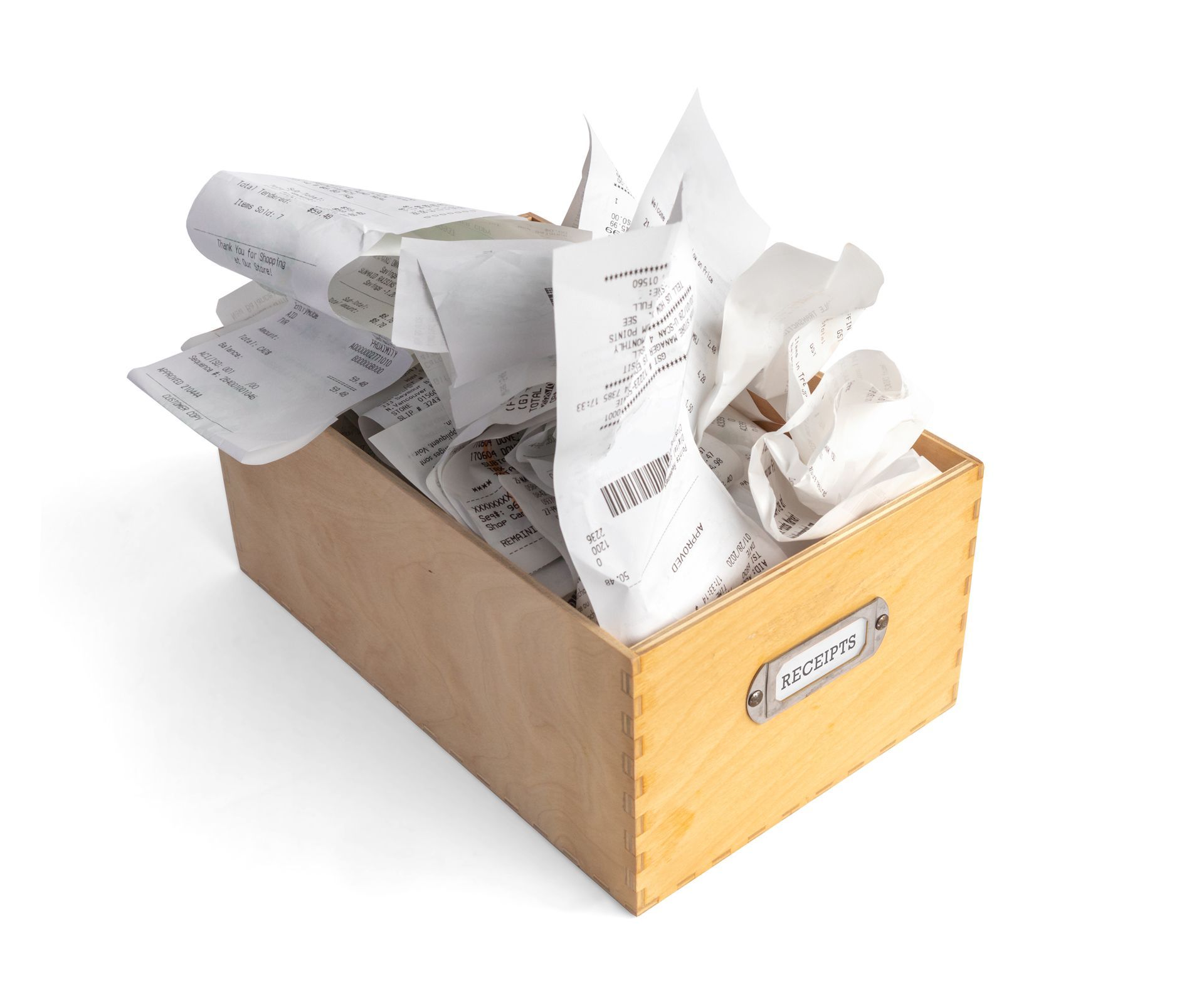 Cardboard box overflowing with crumpled paper receipts and receipts sticking out from the top