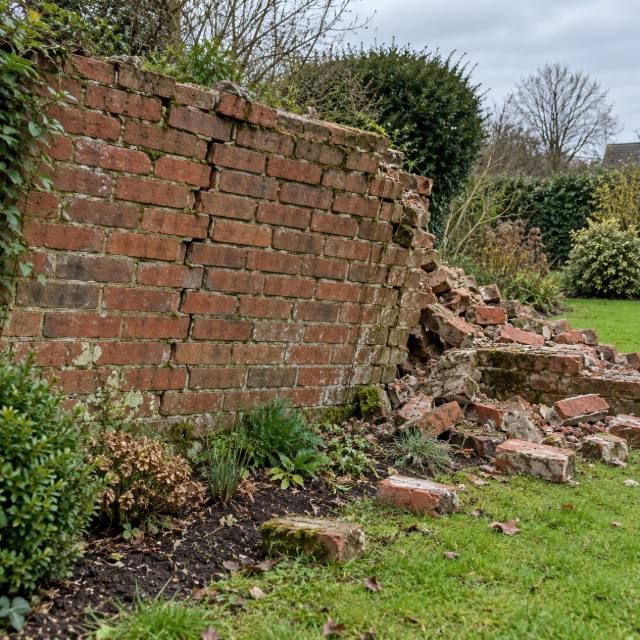 Leaning brick garden wall rebuilt with a new coping before
