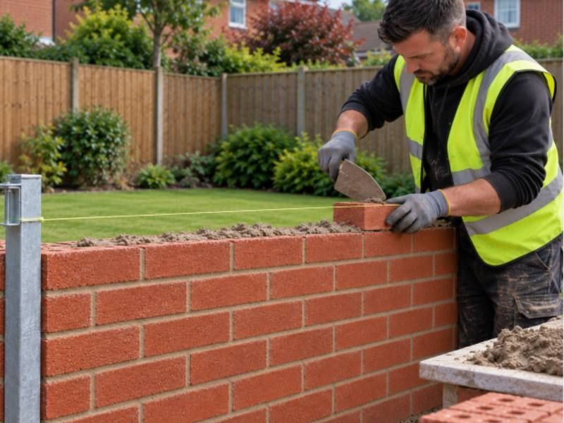 Finished brick boundary wall with piers and a coping along the top